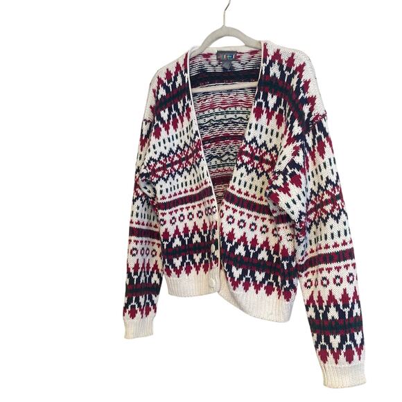 Vintage White Maroon Fair Isle Cardigan Womens Sz Large 80s Cottage Christmas - Picture 16 of 16